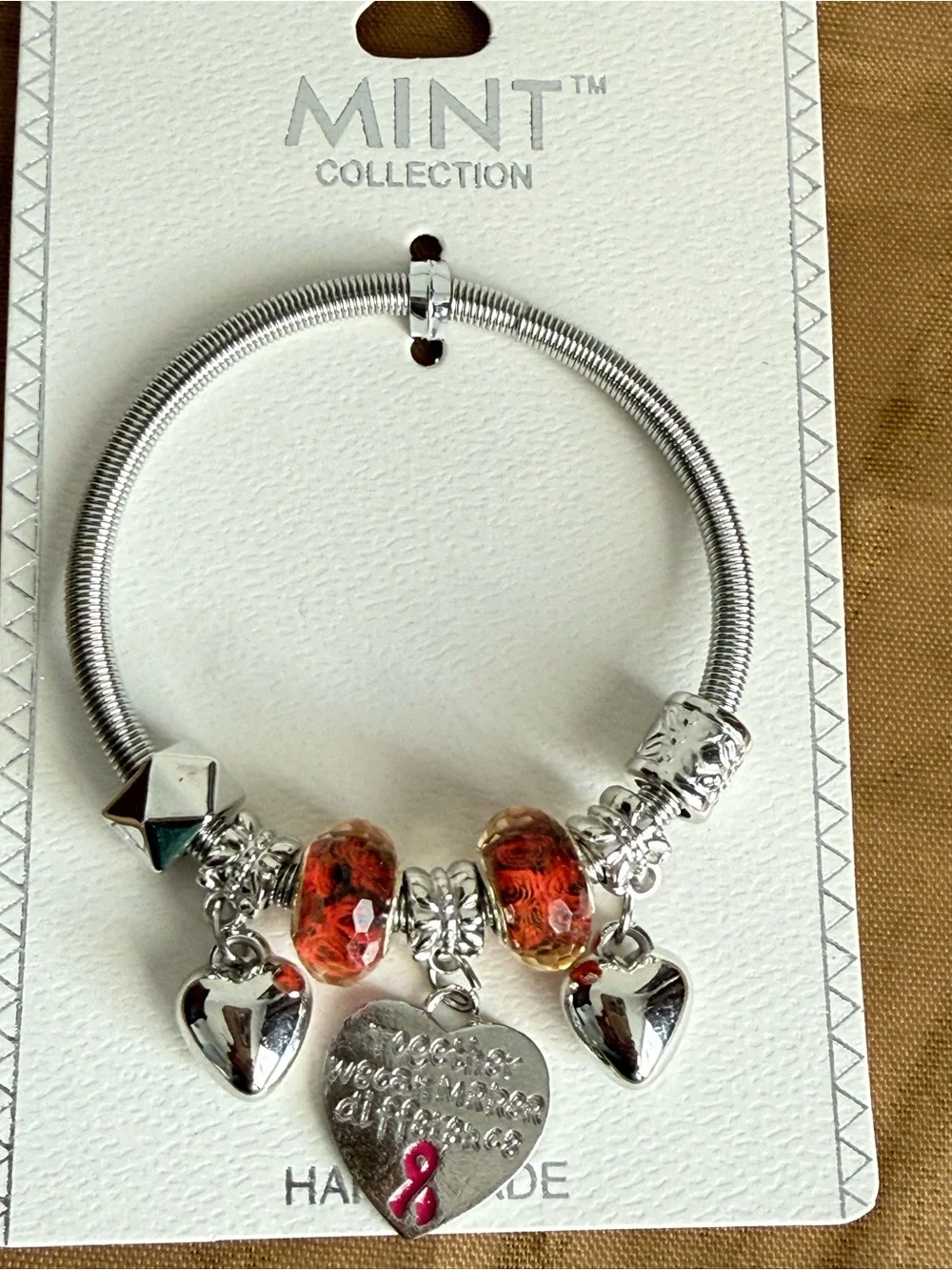 Mint Silver-Tone Charm Bracelet with Orange Glass Beads and Pink Ribbon Heart